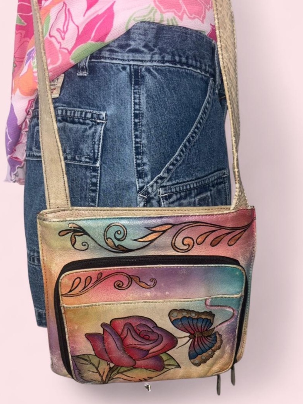 Vintage Anuschka Hand-Painted Leather Crossbody Bag – Rose & Butterfly Art Purse